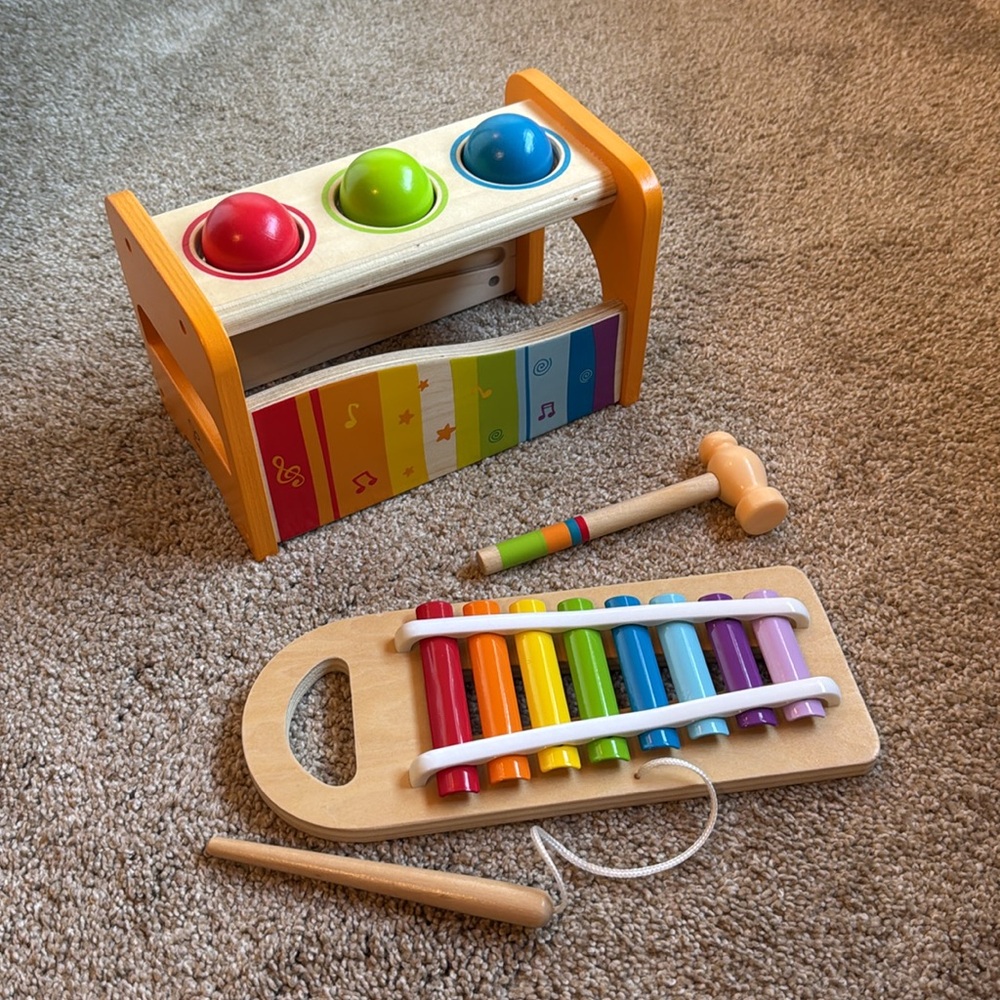 Colorful Wooden Xylophone Learning Toy with Balls and Hammer